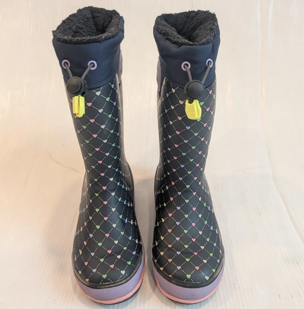 WESTERN CHIEF Girls Black Heart Print Insulated Warm Winter Snow Boots Size 13/1